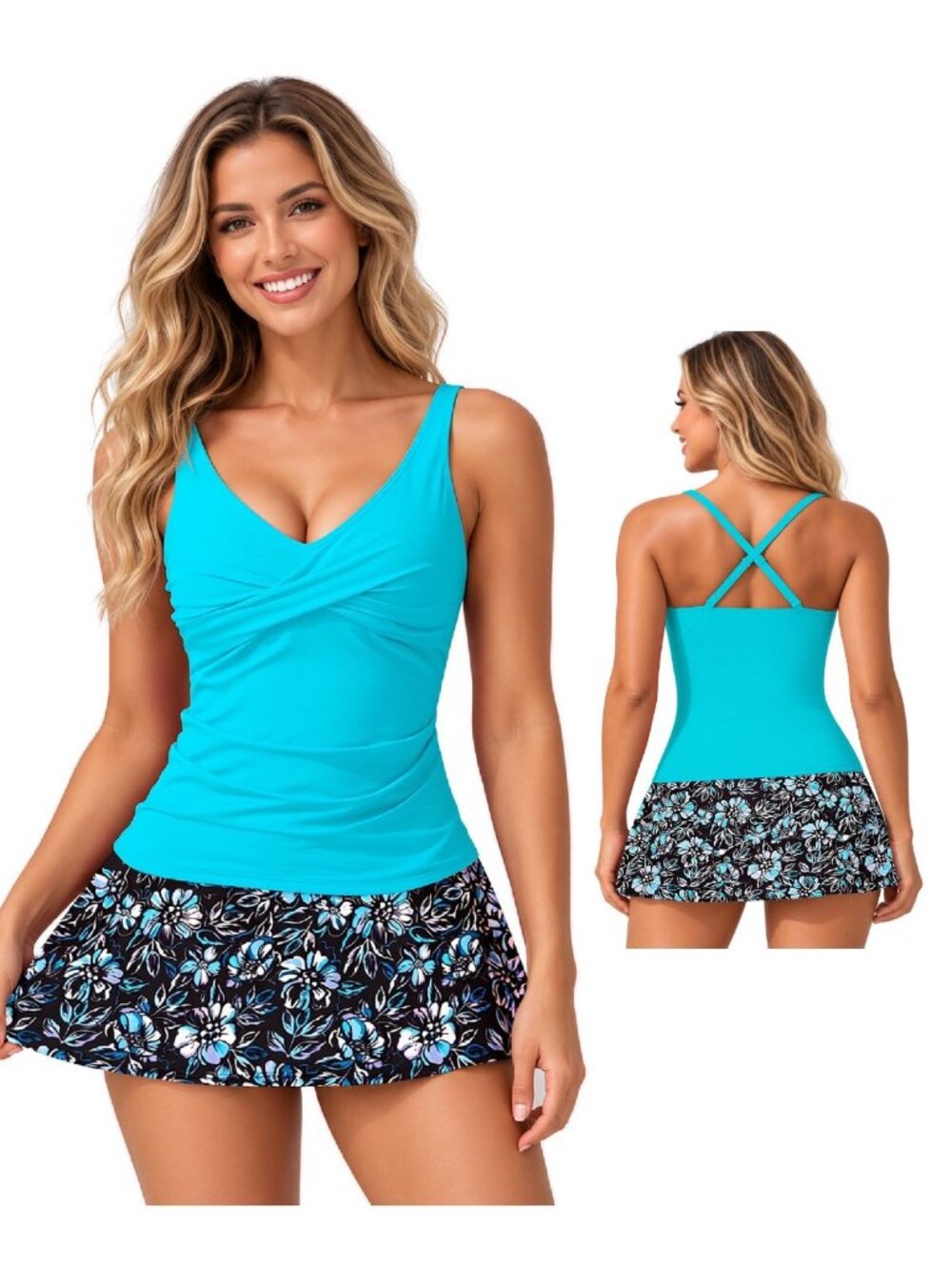 Large Aqua Floral Tummy Control Tankini with Swim Skirt NWT
